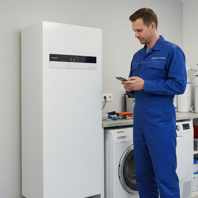 Techniker bei der Installation des Panasonic Aquarea Kombihydromoduls