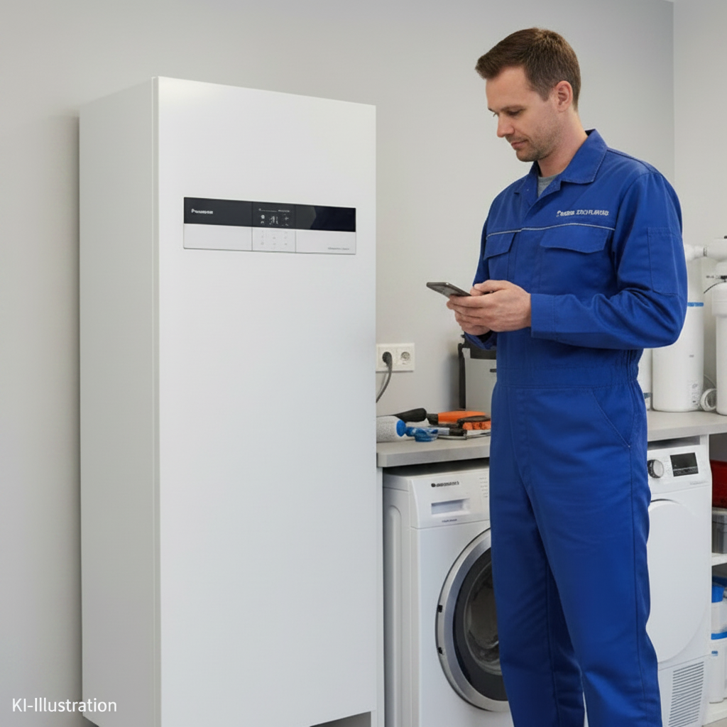 Techniker bei der Installation des Panasonic Aquarea Kombihydromoduls