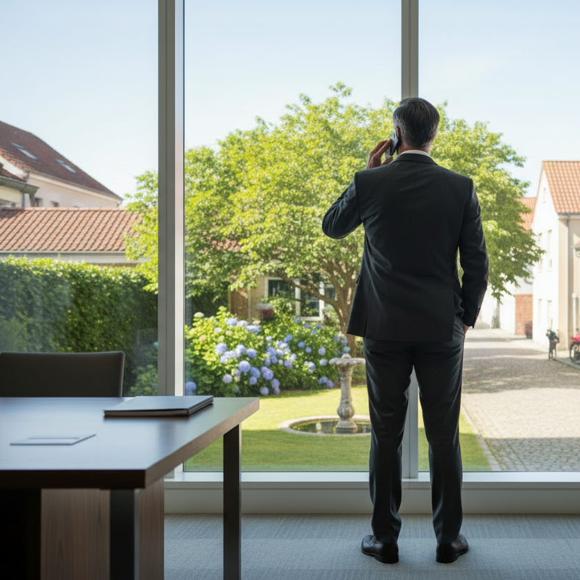 Berater von hinten am Fenster beim Telefonieren