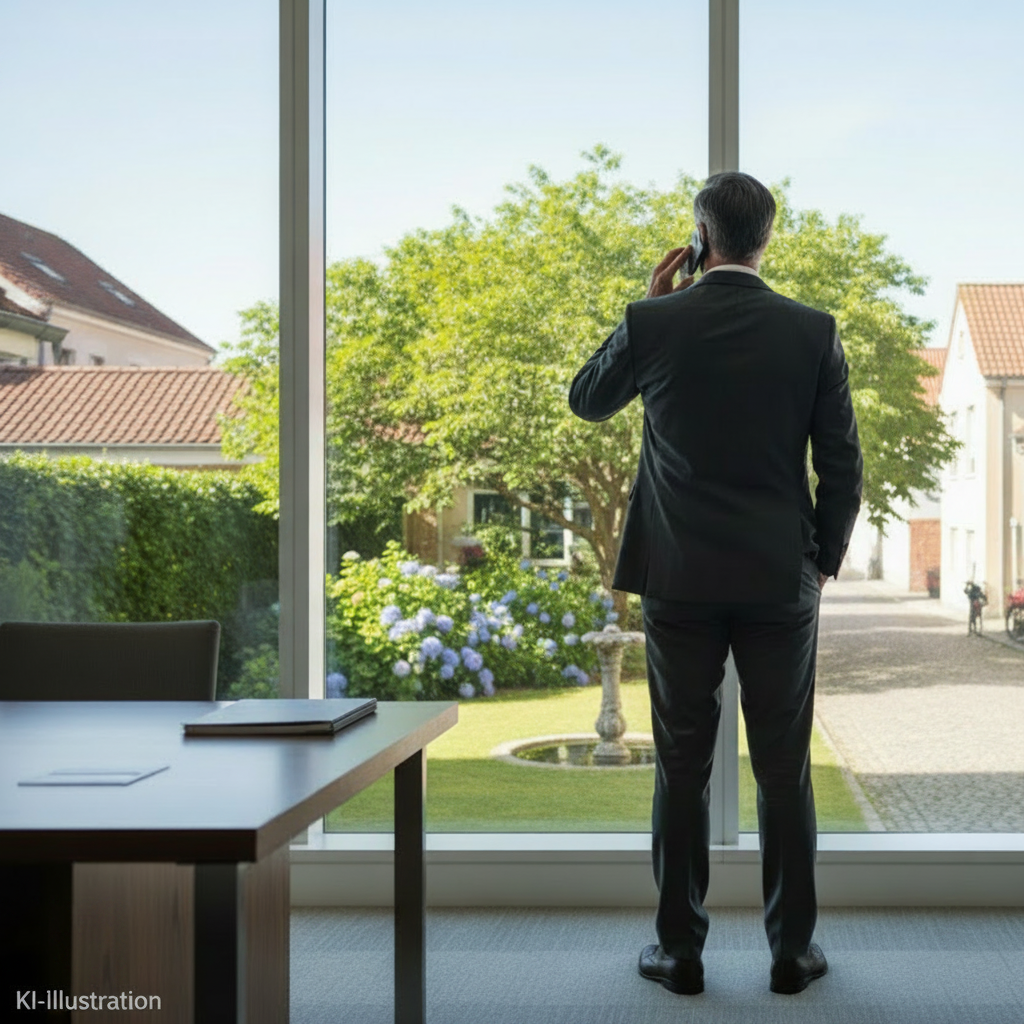 Berater von hinten am Fenster beim Telefonieren