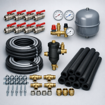Wärmepumpe Installations-Set für Inneneinheit mit Montagematerial und Anschlusskomponenten
