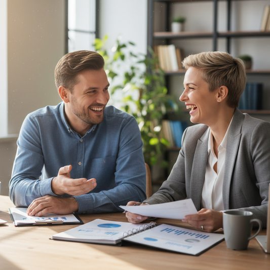 Mann und Frau lachen gemeinsam am Schreibtisch