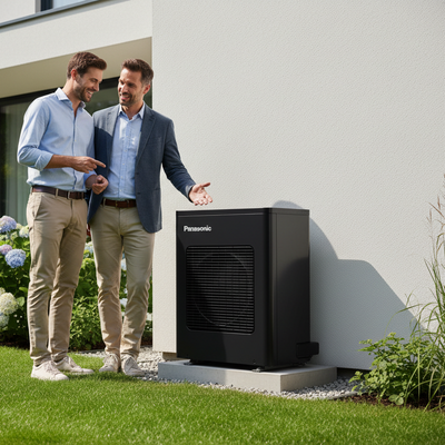 Paar bewundert Panasonic Aquarea Wärmepumpe
