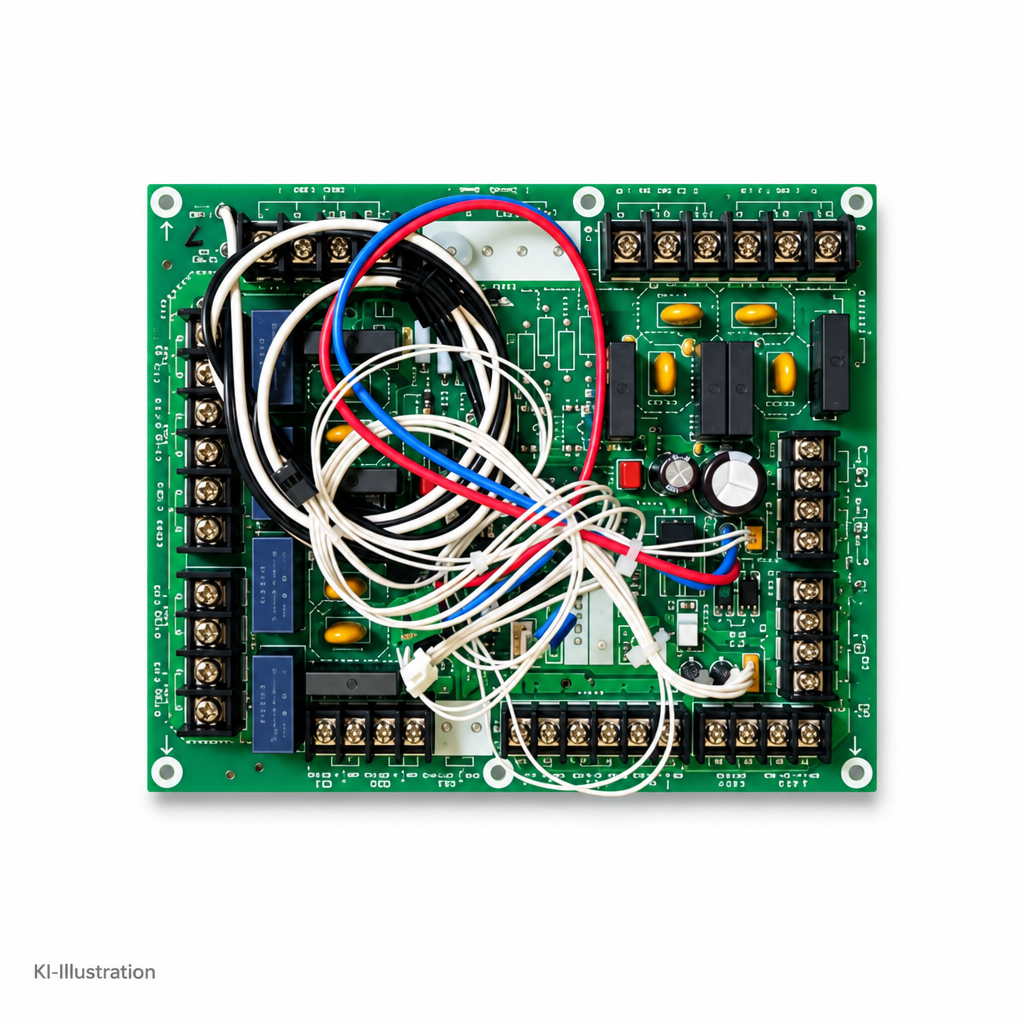 Quadratisches Produktbild der Platine mit KI-Illustration unten links